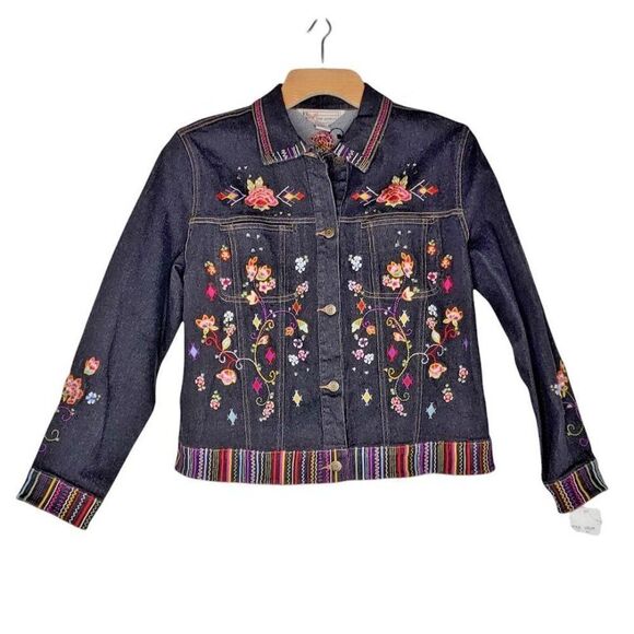 GW Jeans Co Women's Embroidered Jean Jacket Size Medium Floral Festive - Picture 1 of 8